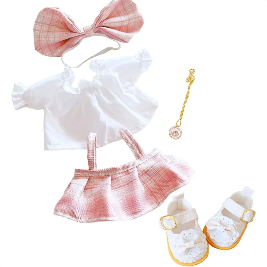 CALEMBOU Plush Doll Clothes Set Cute JK Uniform Set Doll Dr Shirt Bow Necklace Shoes 5Pcs Outfits for 20cm 8 inch Soft Dolls St