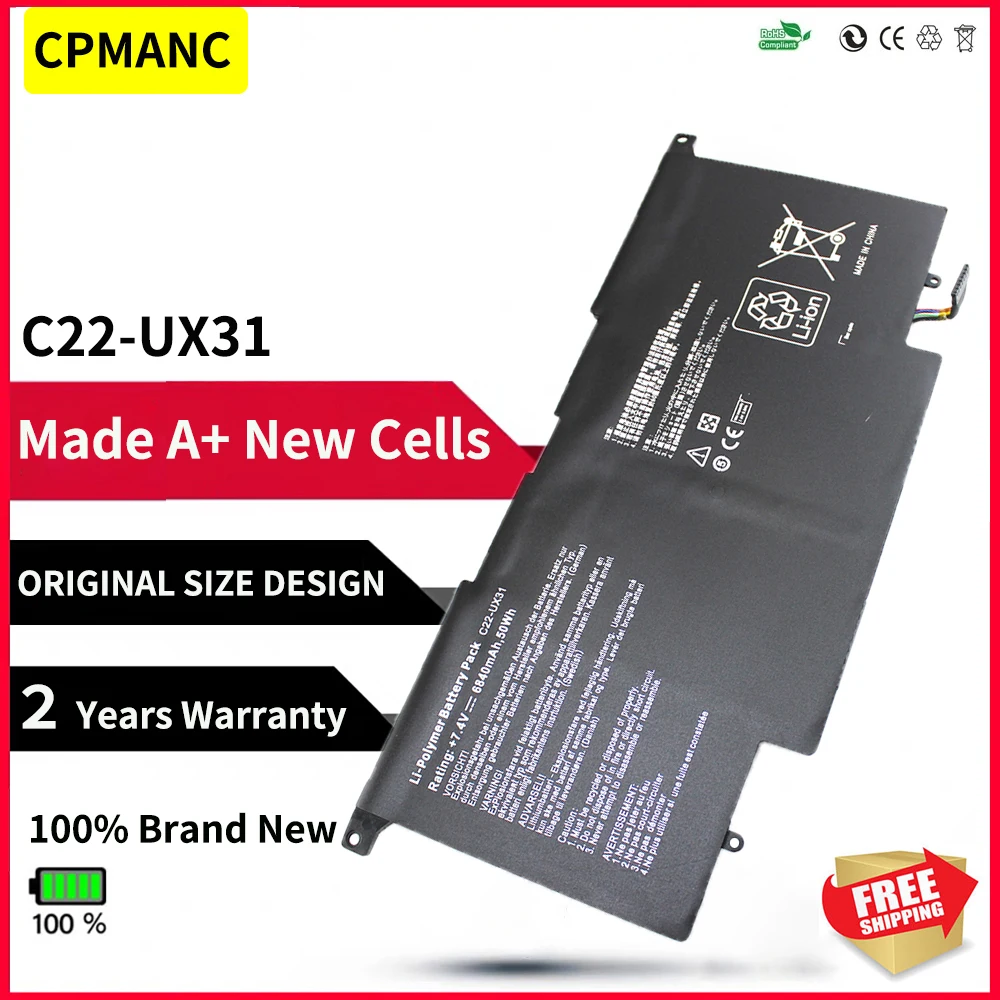 

CPMANC C22-UX31 Laptop Battery for ASUS Zenbook UX31 UX31A UX31E UX31E-DH72 C22-UX31 C23-UX31 7.4V 50WH 6840mAh C22 UX31