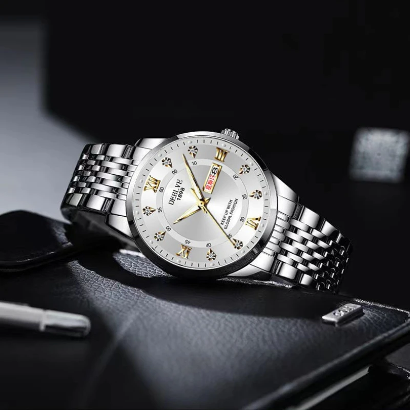 

Men's watch, classic fashion ultra-thin luminous double calendar steel belt quartz watch