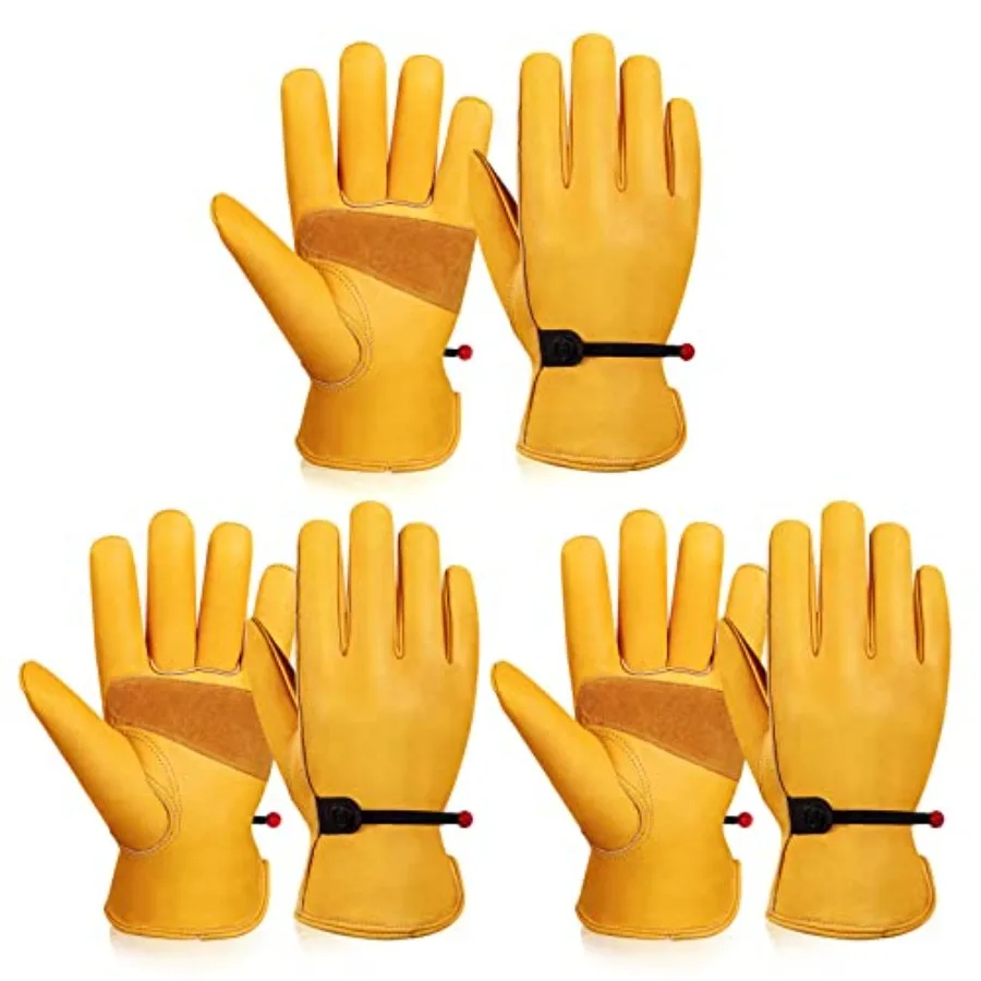 

Leather Work Gloves for Men 3 Pairs Full Grain Cowhide Garden Gloves ANSI/ISEA 105 Tested Puncture Level 4 Abrasion Level 3 Adj