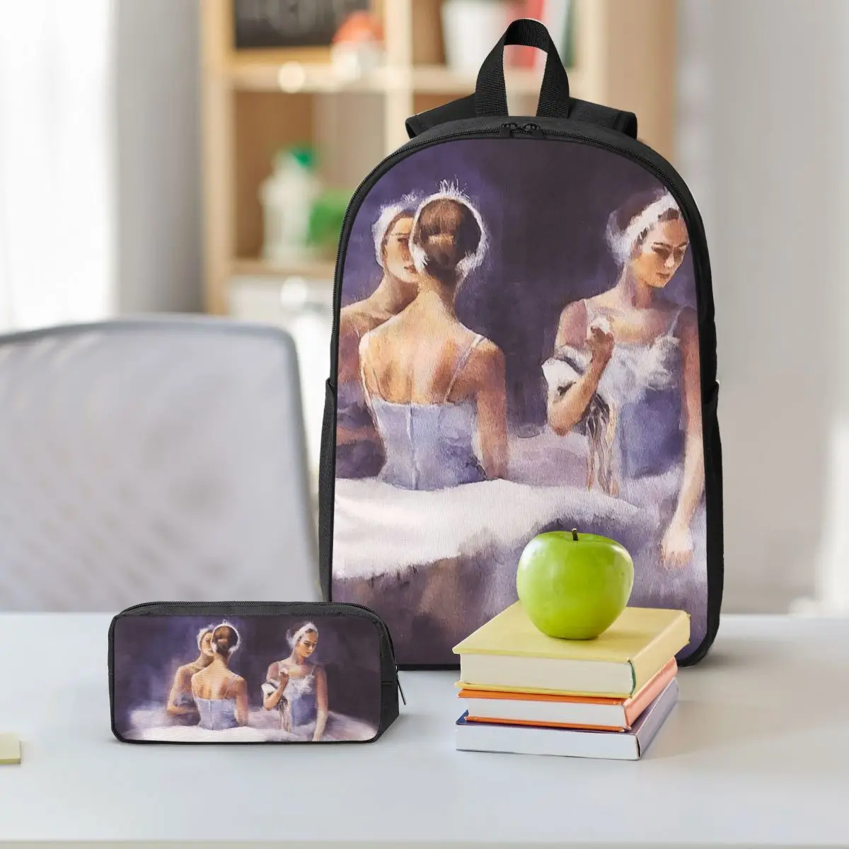 Lightweight Sweet Ballet Girl Oil Painting Backpack Student BookBag School Bag Shoulder Bags 3ps Insulated Lunch Bag Pencil Case