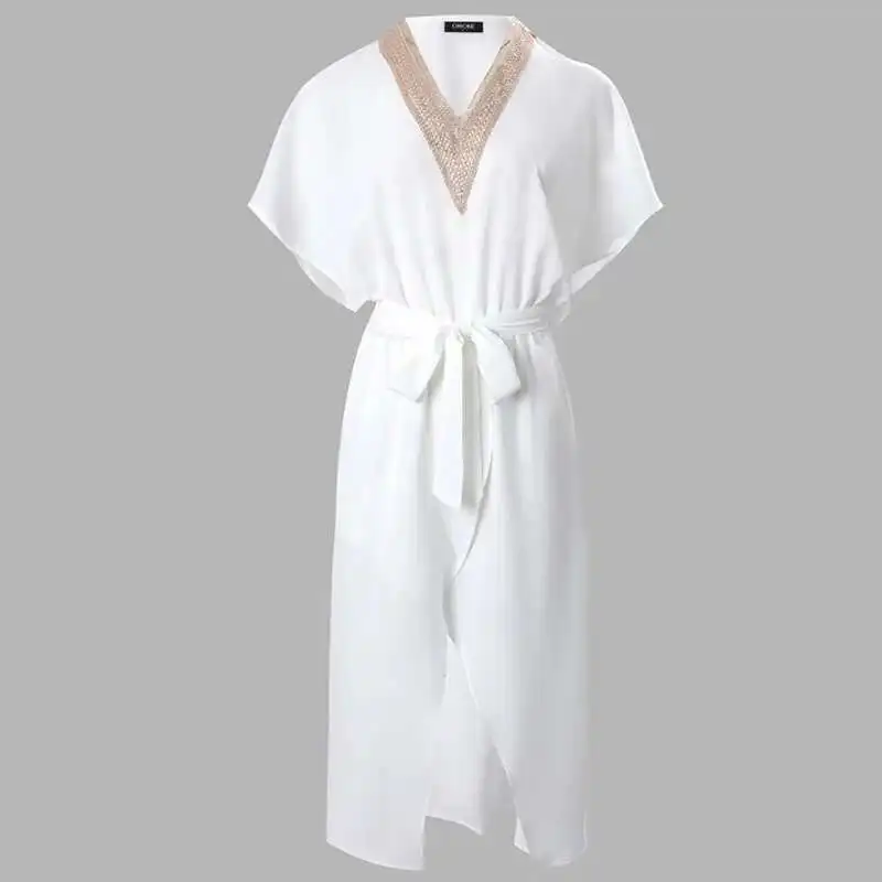 สุภาพสตรีแฟชั่นสีขาวเอวลูกไม้ขึ้นสบายๆหลวมแยก Midi ฤดูร้อน V คอ Splicing แขนสั้นผู้หญิงชุด