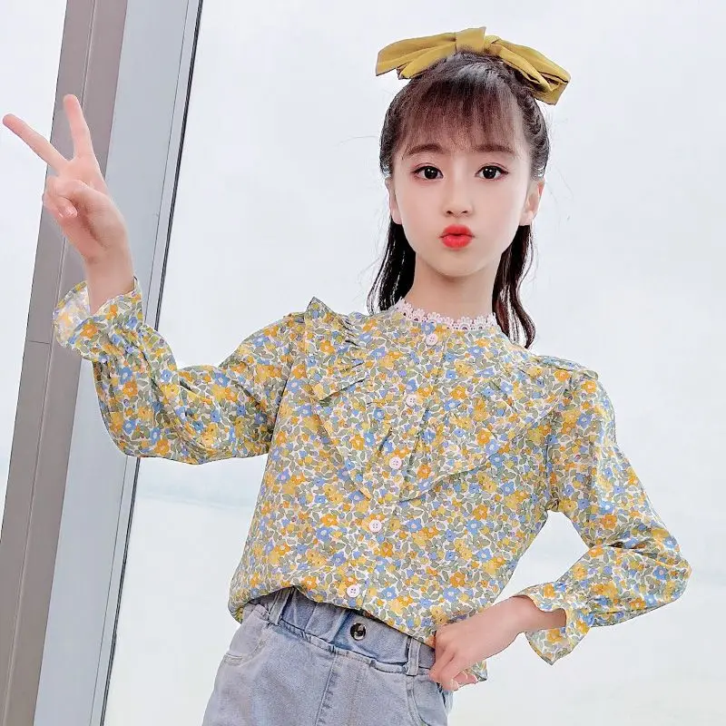 

Girl's Floral Cotton Shirt 2026 Autumn Winter Stylish Ruffled Hem Long Sleeve Top for Toddler Child