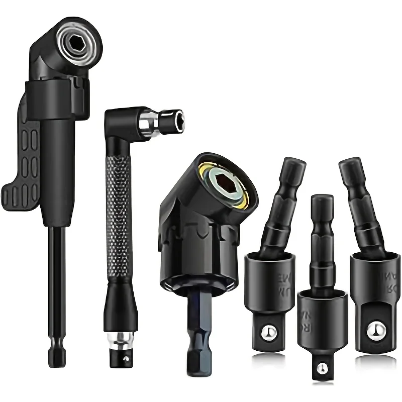 6Pcs Right Angle Drill Attachment Set, 360° Rotatable 1/4 3/8 1/2 Impact Socket Adapter, 105° Hex Shank 90° Drill Bit