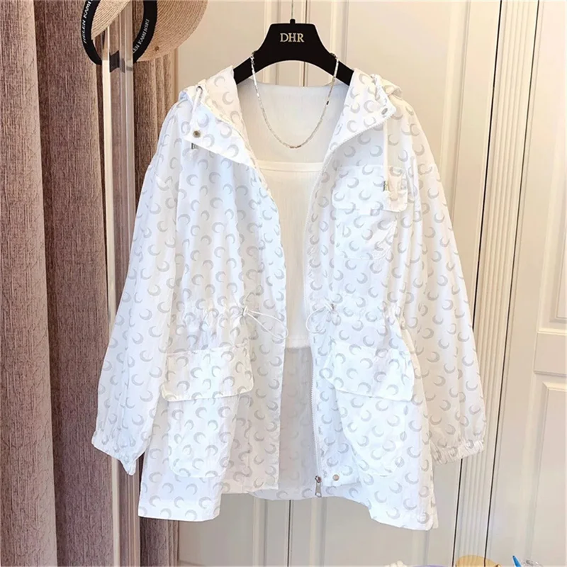 Korean Loose Casual Moon Print Mid-Length Sunscreen Shirt Cardigan Jacket Women 2022 Spring And Summer New Hooded Coat