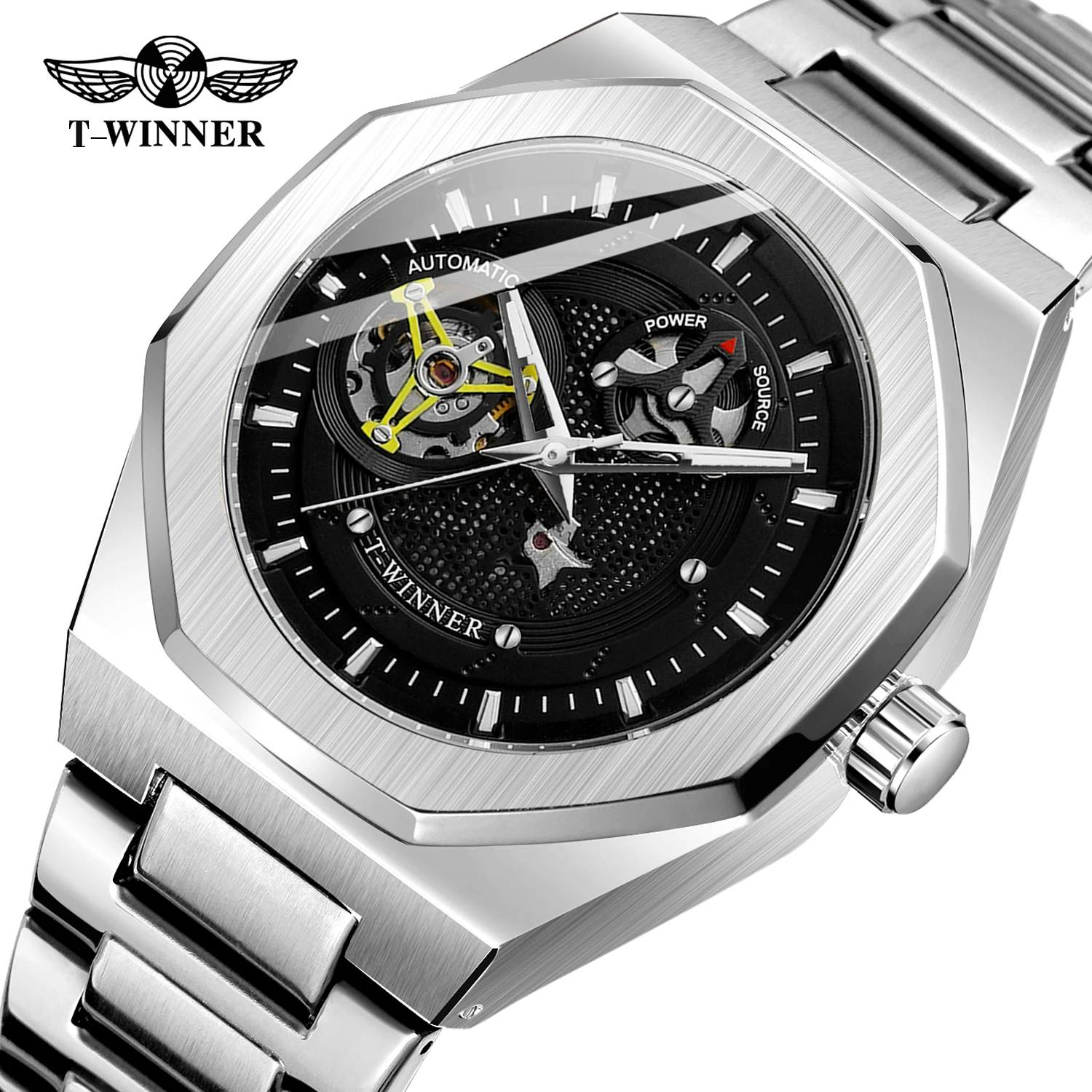 T-WINNER Casual Sporty Men's Watch Polygon Hollow Automatic Mechanical Luminous Stainless Steel Waterproof Classic Trendy Watch