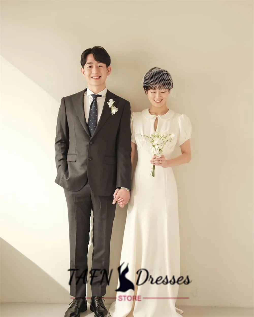 TAJoyKorea-Robe de Soirée Simple à Col Rond et Manches Courtes, Longueur au Sol, sur Mesure, pour Réception de Mariage