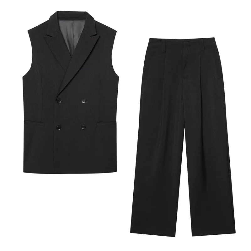 

Two Pieces Set for Women Fashion Summer New Solid Double-breasted Sleeveless Vest Top Ladies High Waist Straight Pants