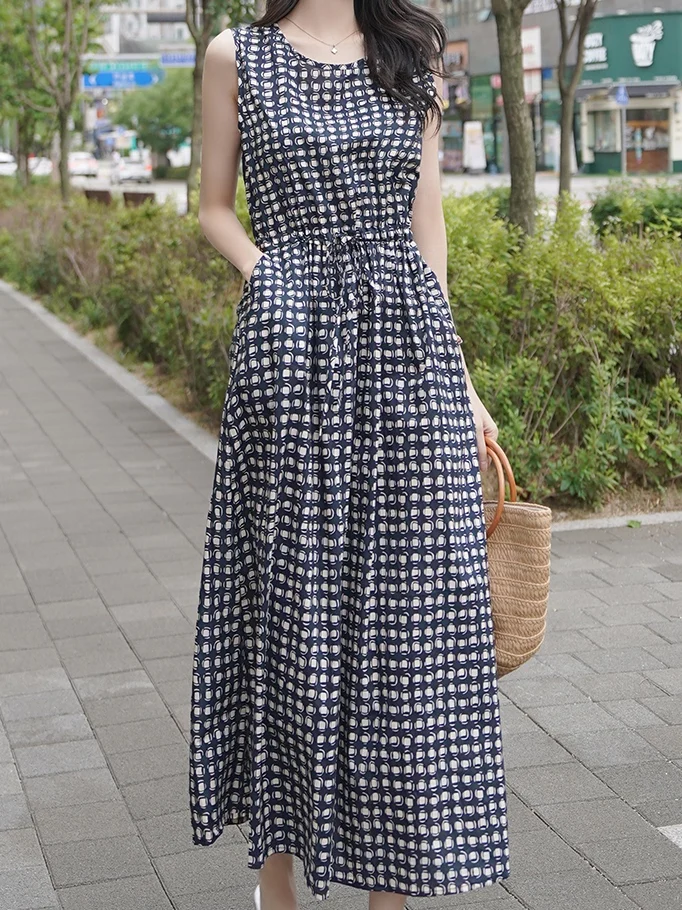 

Korean Style plus Size Vest Dress round Neck Print Belt Casual Sleeveless Mid-Length City Walk A-Line Princess Skirt Dress