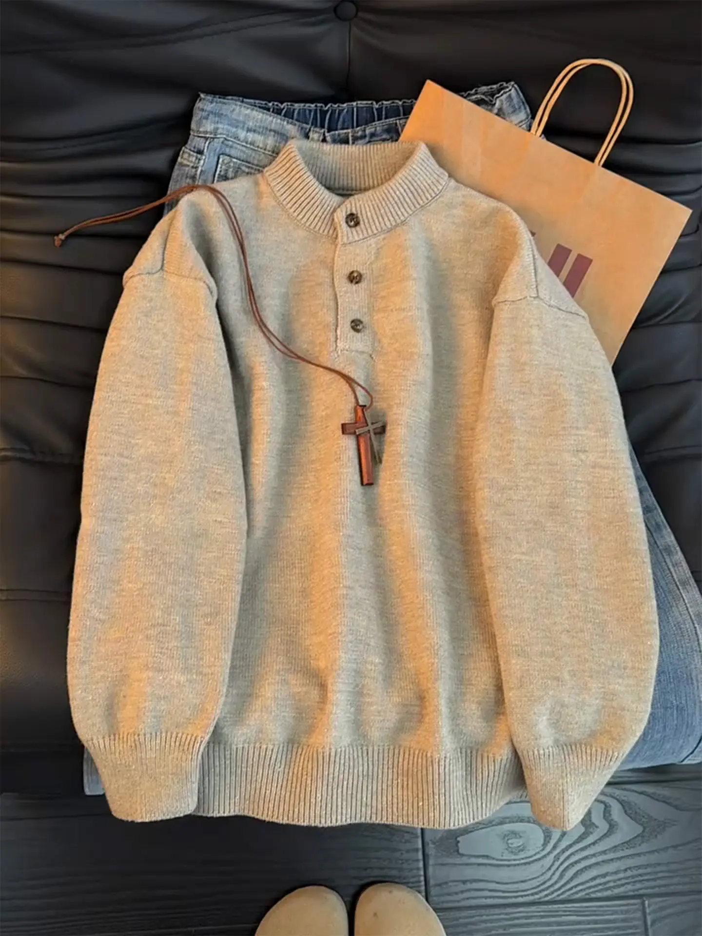 

American Retro Men's Knitwear Henry Collar Sweater Loose Lazy Sle Inner Wear Base irt Cleanfit Ciwalk Long Sve Winter