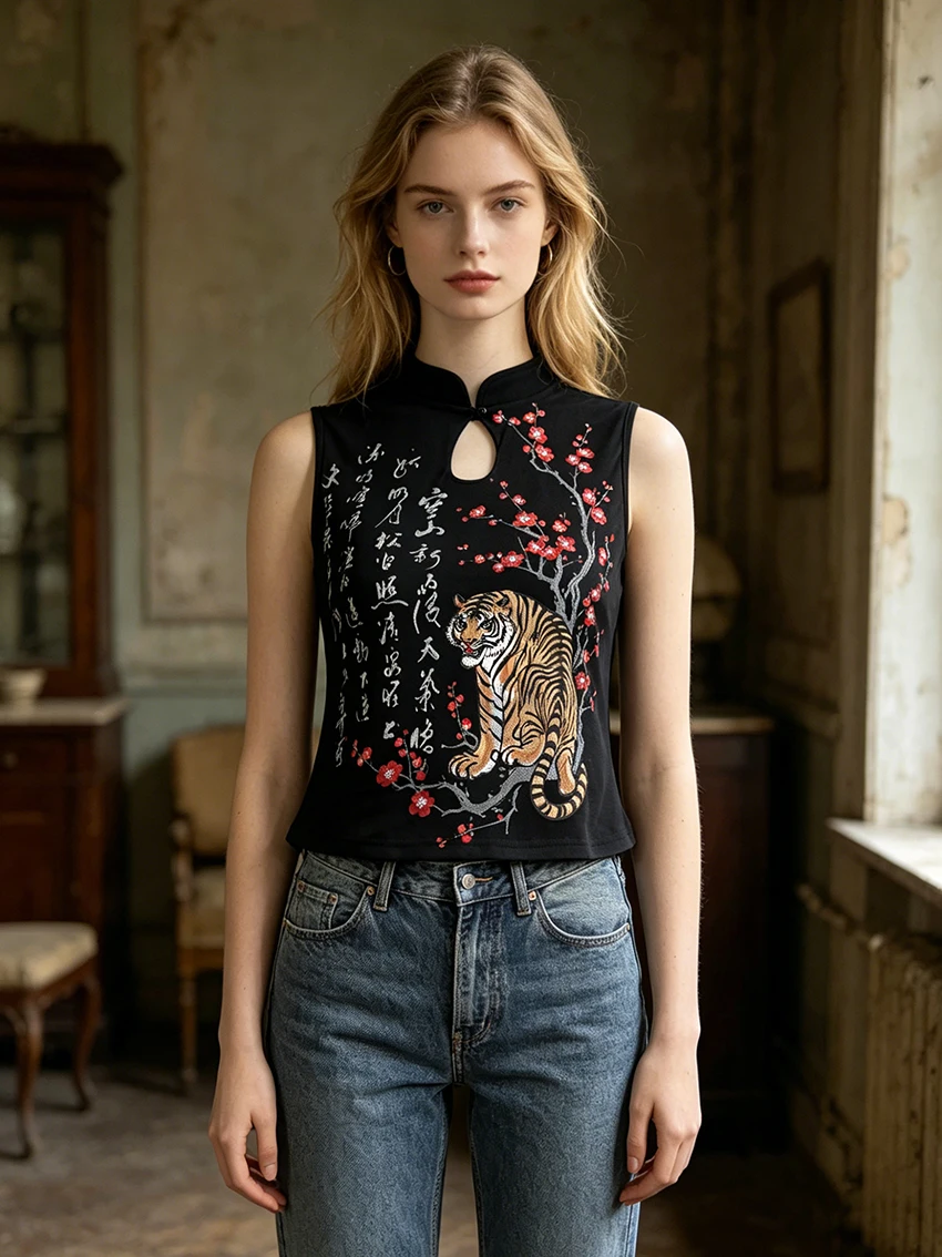 Retro Aesthetics Punk Sleeveless Top Traditional Tiger Red Plum Floral Calligraphy Print Hollow Neck Slim Streetwear Casual Vest