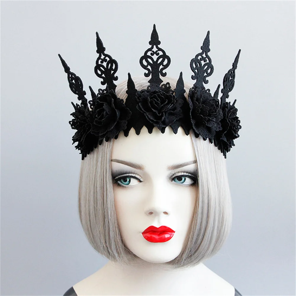 Vintage Witch Women Head Wreath Gothic Black Crown Roses Tiara Headband Halloween Party Cosplay Masquerade Accessory