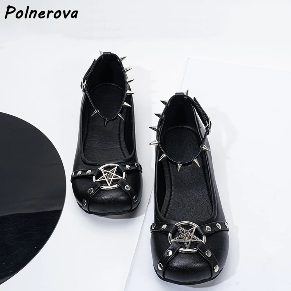 

Five-Pointed Star Rivet Pumps Dark Gothic Punk Flat with Mary Jane Ballet Shoes Square Toe Buckle Ankle Band Cools Shallow Shoes