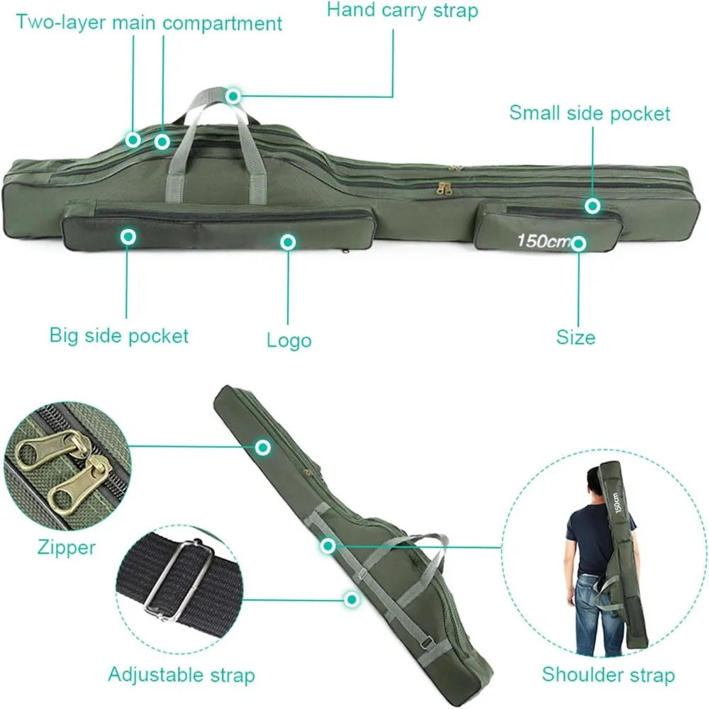 with Tackle Box Fishing Rod Case Oxford Fabric Large Compartments Fishing Rod Bag Folding Pole Reel Storage Bag Outdoor Use