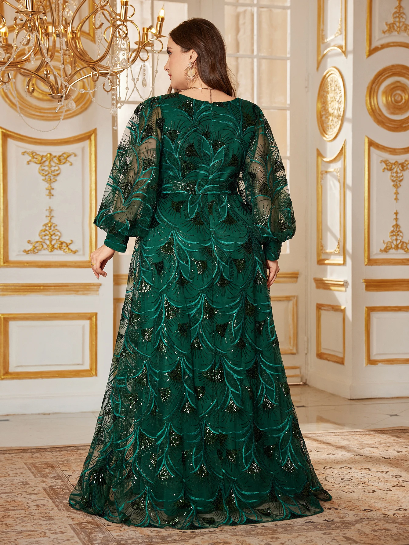 UNITHORSE حجم كبير المرأة العميق فانوس على شكل حرف v كم لامع الترتر Cinched محرك الخصر حتى فستان الحفلات المسائية الرسمية #2