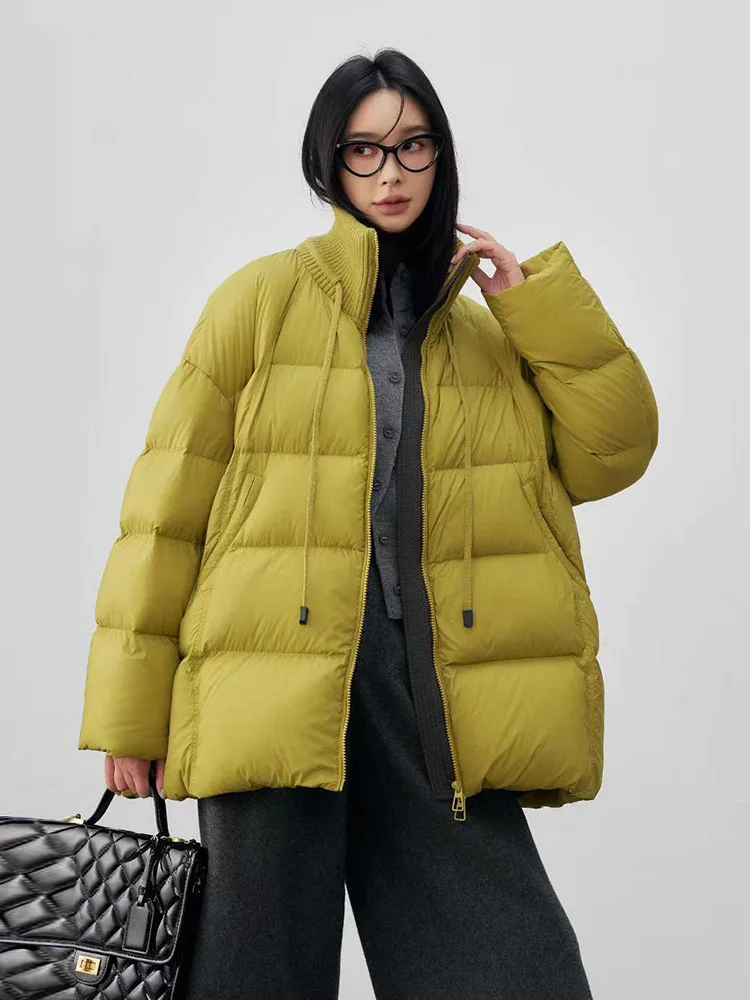 

Winter Knitted Stand Collar Down Jacket For Women Fashion Splicing Drawstring Puff Overcoat Korean Casual Fashion Thicken Coat