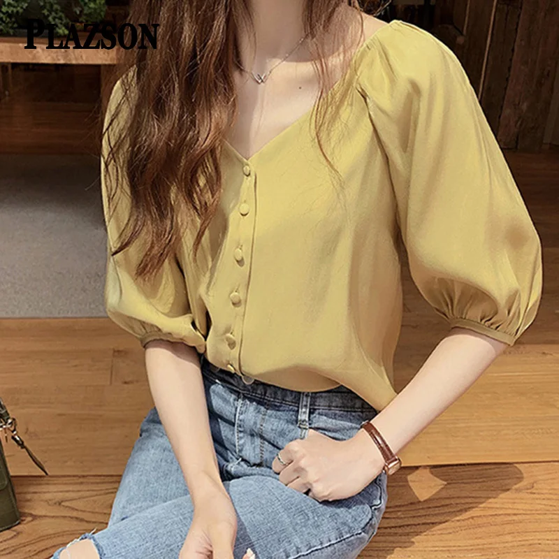 PLAZSON قمصان وبلوزات camisas de mujer Women Solid shirts & blouses Spring Summer Casual V Neck Loose Shirt Oversized Tops