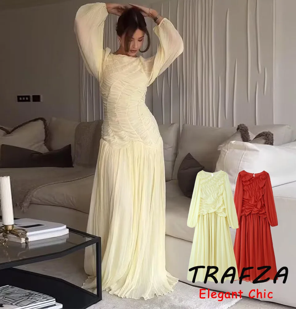 

TRAFZA Elegant Chic Crease Effect Dress Women Long Sleeve Dress 2025 Spring Summer Fashion High Street Sweet Holiday Long Dress