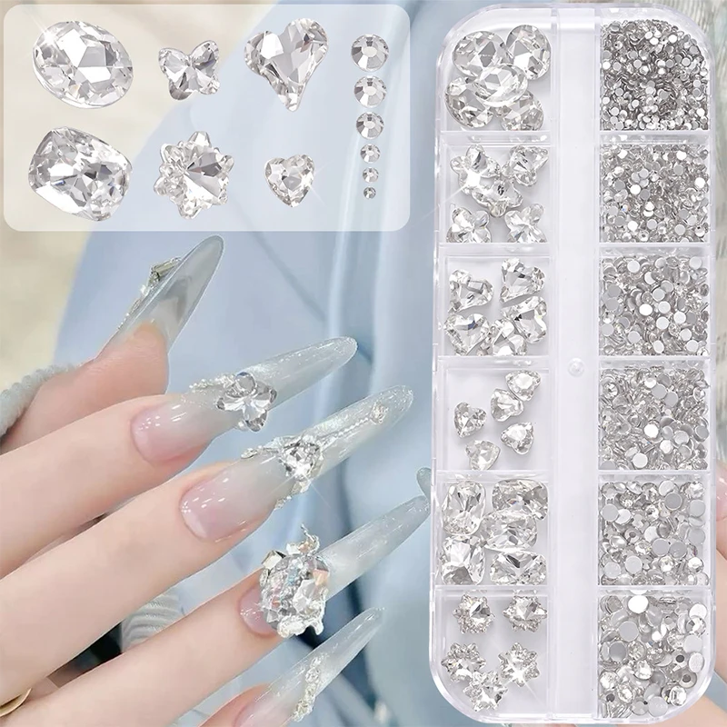 Arte de uñas con diamantes de imitación, 12 rejillas, gemas de cristal planas coloridas, decoración de manicura DIY, diamante de uñas 3D para maquillaje, uñas y manualidades