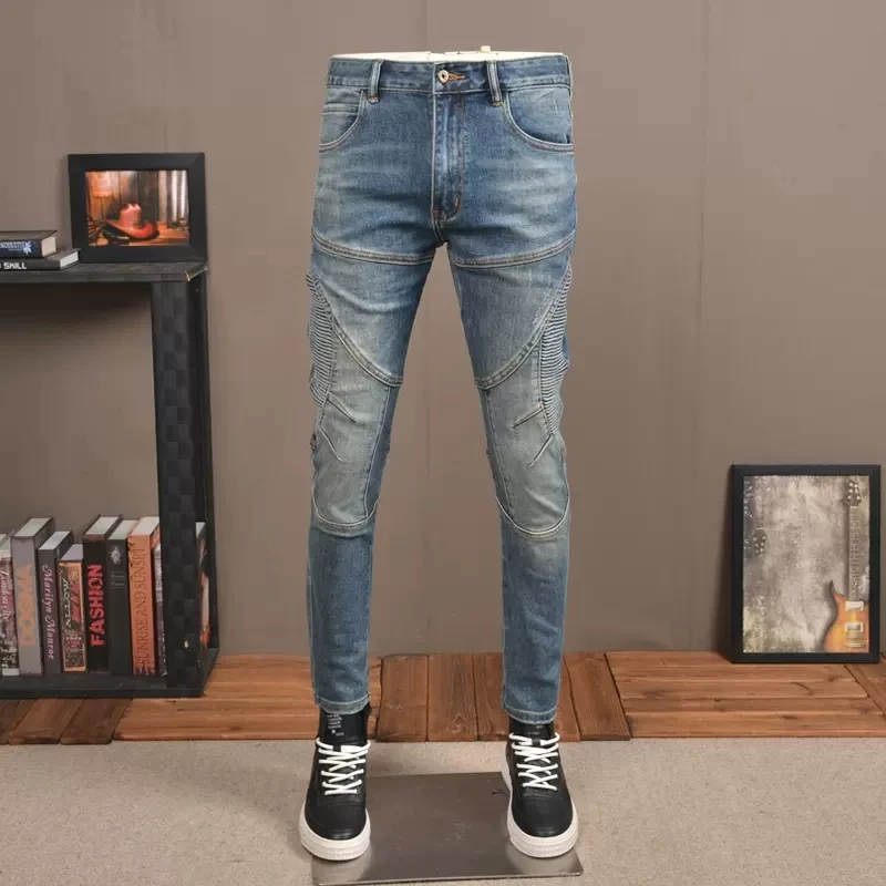 

Fashion Streetwear Men Jeans Retro Blue Slim Fit Stretch Spliced Designer Biker Jeans Homme Hip Hop Pants Men Wrinkled Trousers