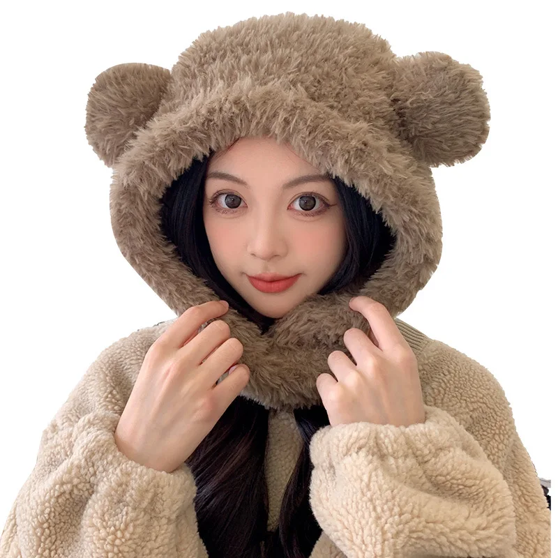 Plush bear ear hat woman winter thick cold lovely windproof neck protector scarf neck integrated hat