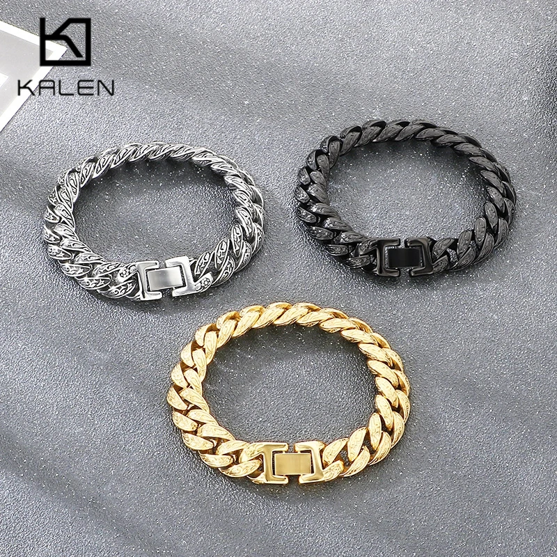 Men's Hip Hop Cuban Link Bracelet Fashion Stainless Steel Chain Jewelry Vintage Pattern Black Gold Color Trendy Party Accessory