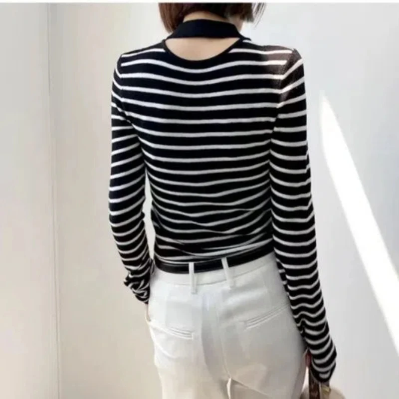 Vintage Striped Knitted Autumn 2024 New Splicing Pullover O-Neck Fashion Slim Minimalist Comfortable Casual Long Sleeve Tops