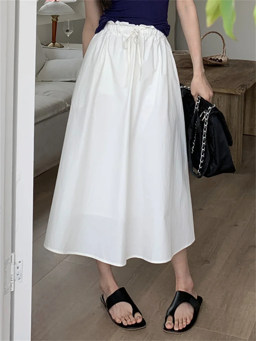 

PLAMTEE White A-Line Skirts Minimalist Solid Women Lady Pockets 2023 Chic Gentle OL Loose Summer High Waist Casual All Match