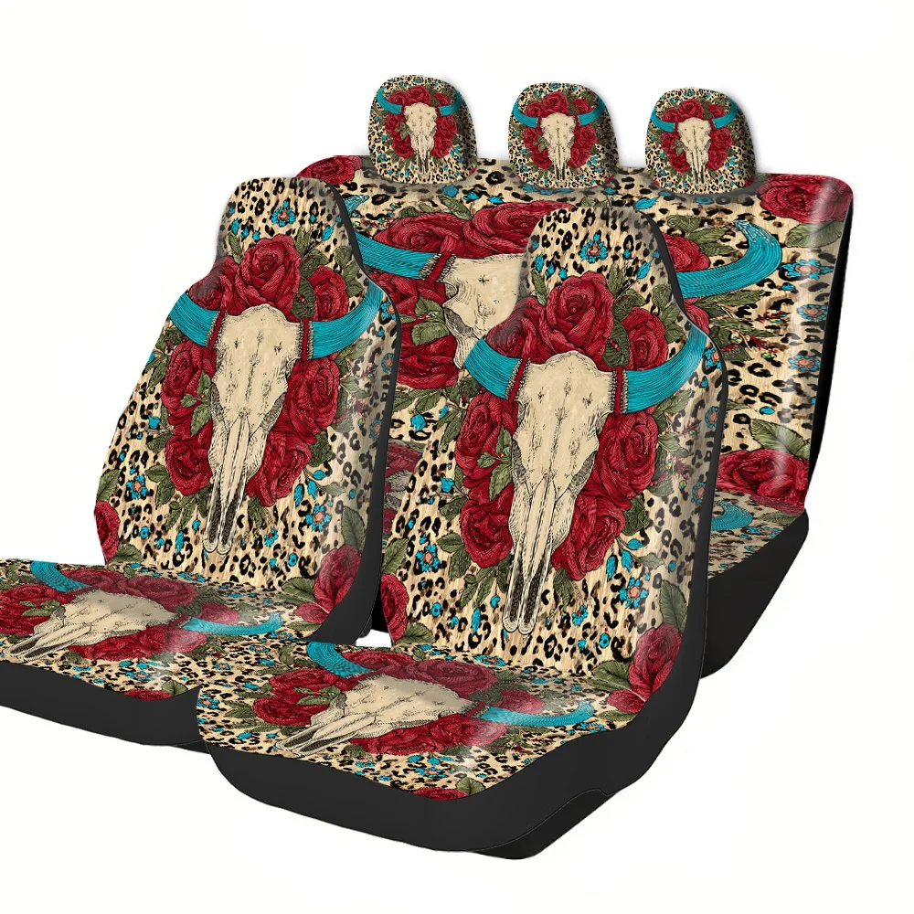 2-5 Seat Set Car Seat Covers Premium Bull Head Rose Leopard Print Polyester Universal Fit All Season For Truck SUV Off-Road Car