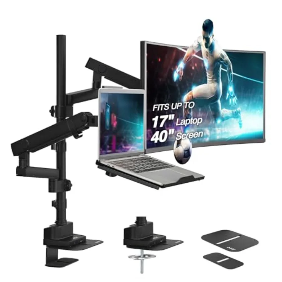 Laptop 40 Inch Monitor Arm Pole Top Mount for office desk use, aluminum alloy, black, VESA compatible with USB-CA ports, suppor