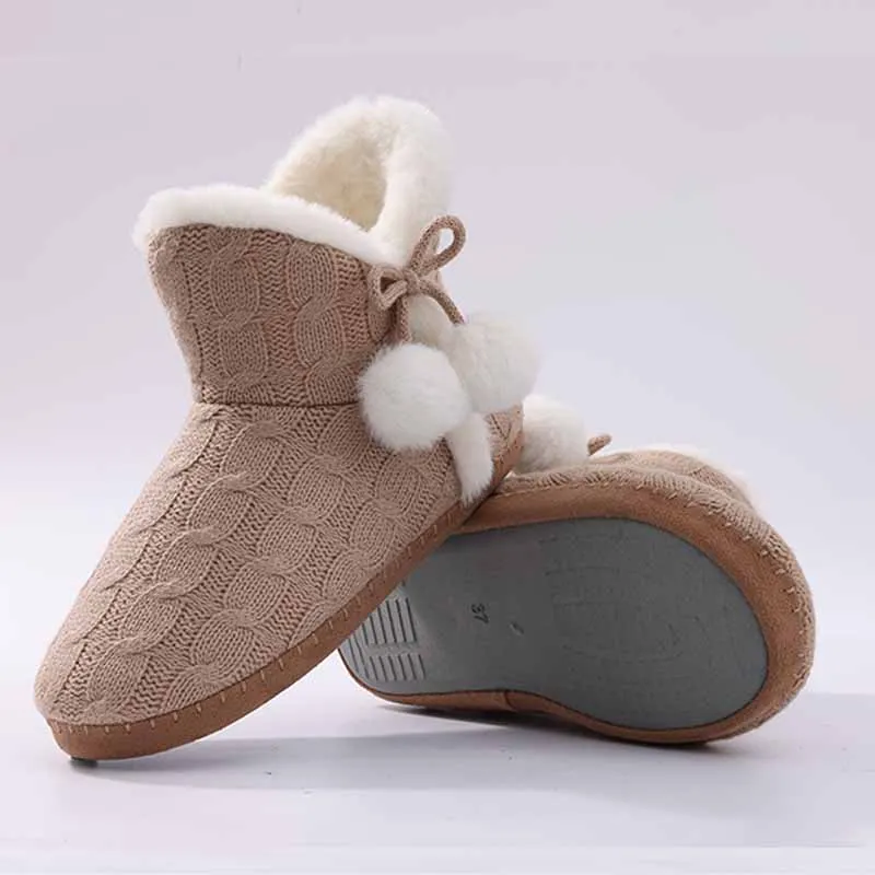 Smile Pop  Indoor Warm Non-slip Cotton Boots Lovely Style Furball Ornaments Woman Boots Soft Hairy Cotton Boots Pulls on Boots