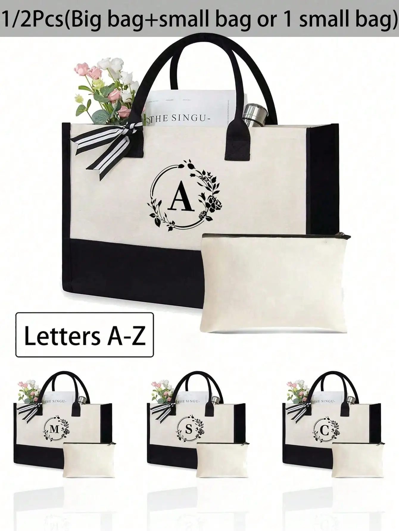 

1pc/2pcs Set, Initial Canvas Tote Bag With Makeup Pouch, Personalized Gift Bag Suitable For Wedding, Birthday, Beach, Vacation, Backpack And More, Great Gift For Women, Moms, Teachers, Friends, Bridesmaids, Students, Large Capacity Tote