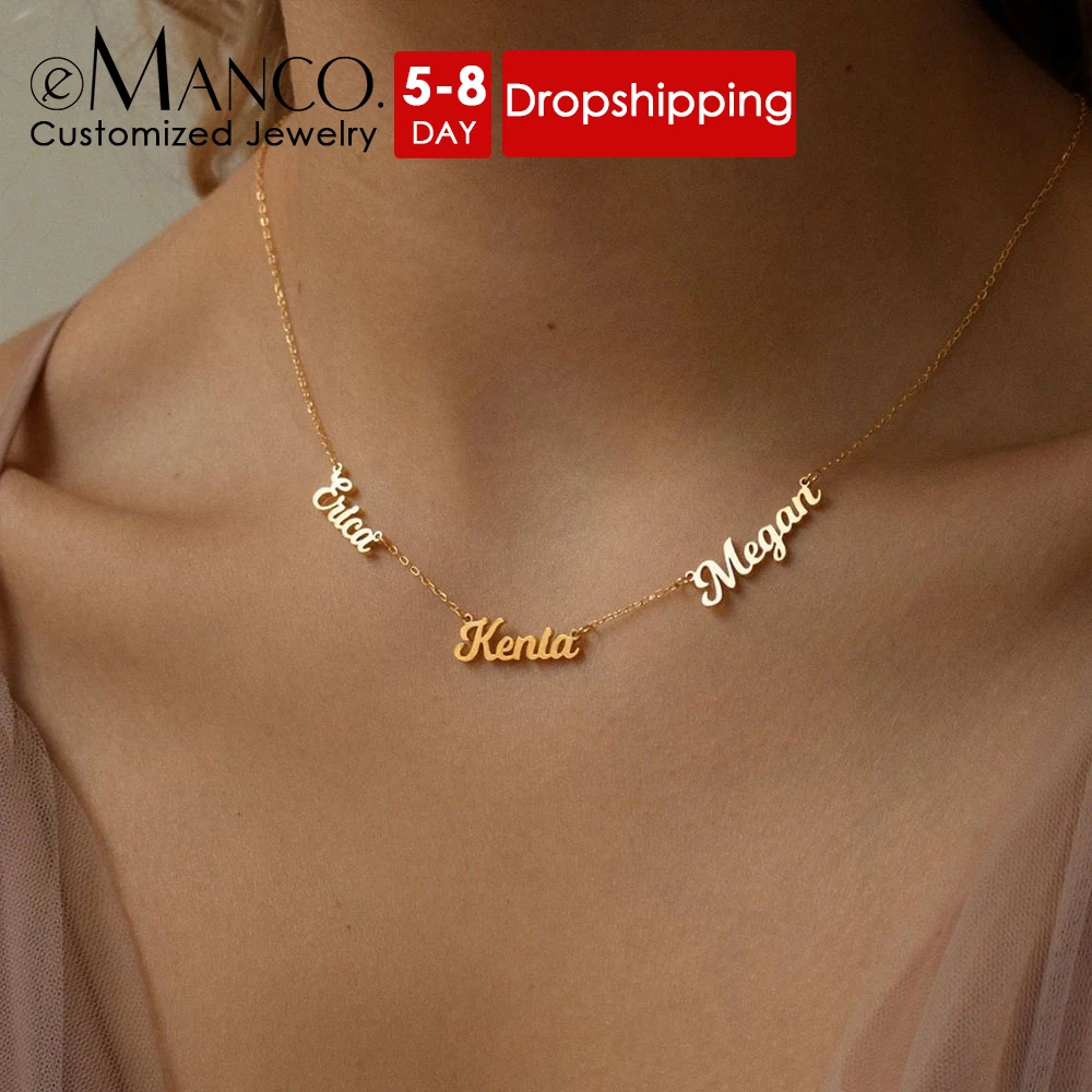 eManco Customized Women's Name Necklace Stainless Steel Gold Plated 3 Name Tag Pendant Fashion Party Gifts