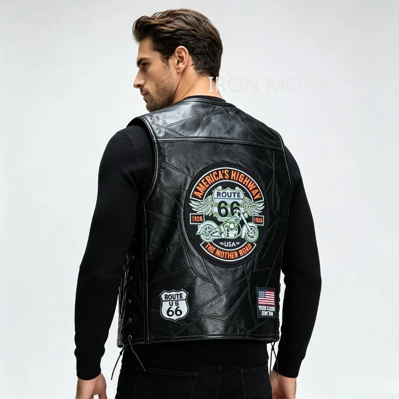 Big Leather Motorcycle Vest Route 66 Emblem Biker Waistcoat Sleeveless Moto Riding Gilet Punk Vintage Jacket for Motorbike Club
