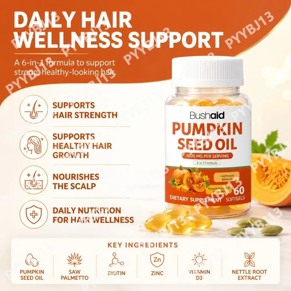 BushAid Pumpkin Seed Oil Softgels with Saw Palmetto Nettle Root, Biotin, Zinc and Vitamin D3, Daily Wellness Support 60 Softgels