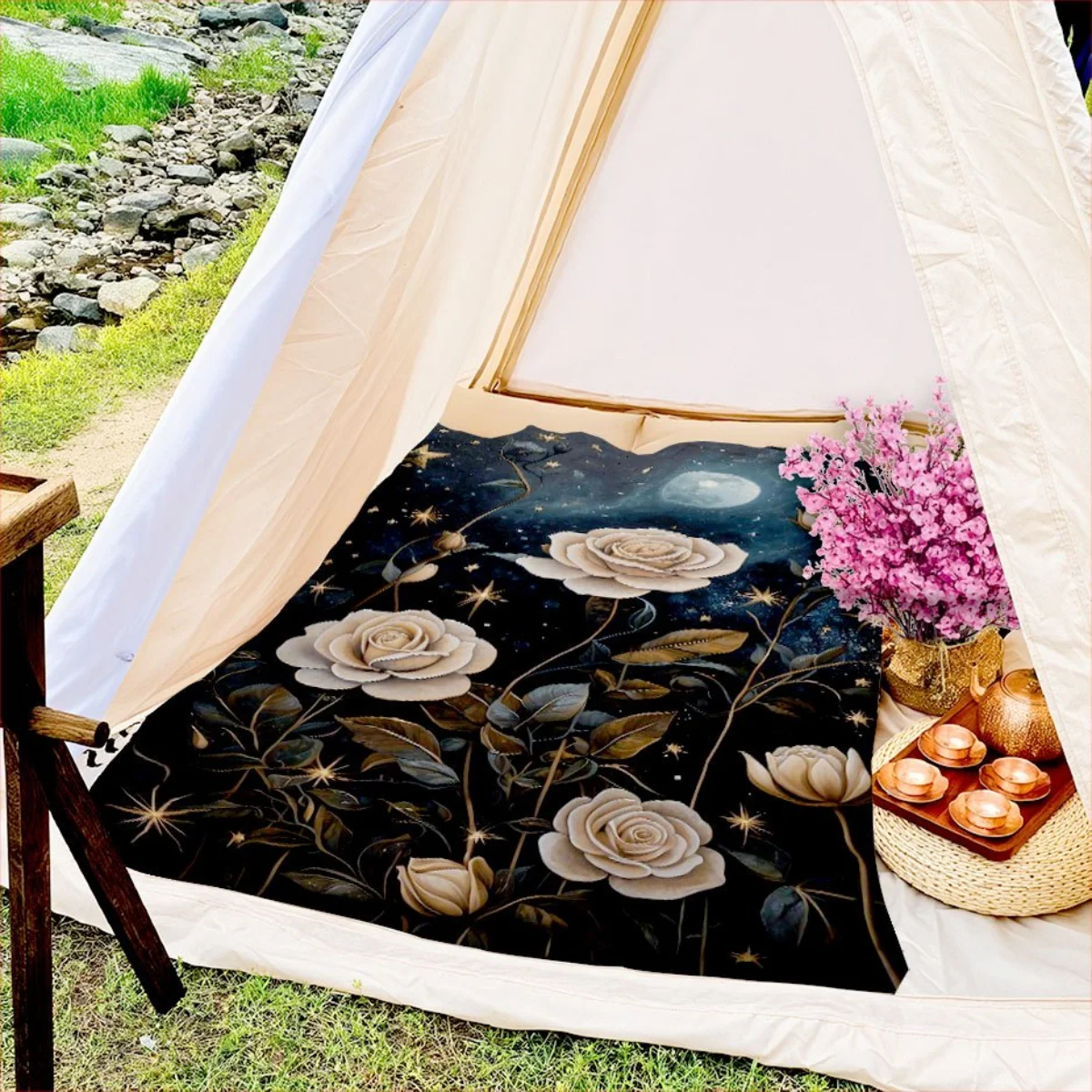 بطانية من الفلانيل بنمط الزهور الليلية والقمر - مناسبة للأسرة والأرائك والمكاتب والسفر والتزيين والكراسي والعطلات