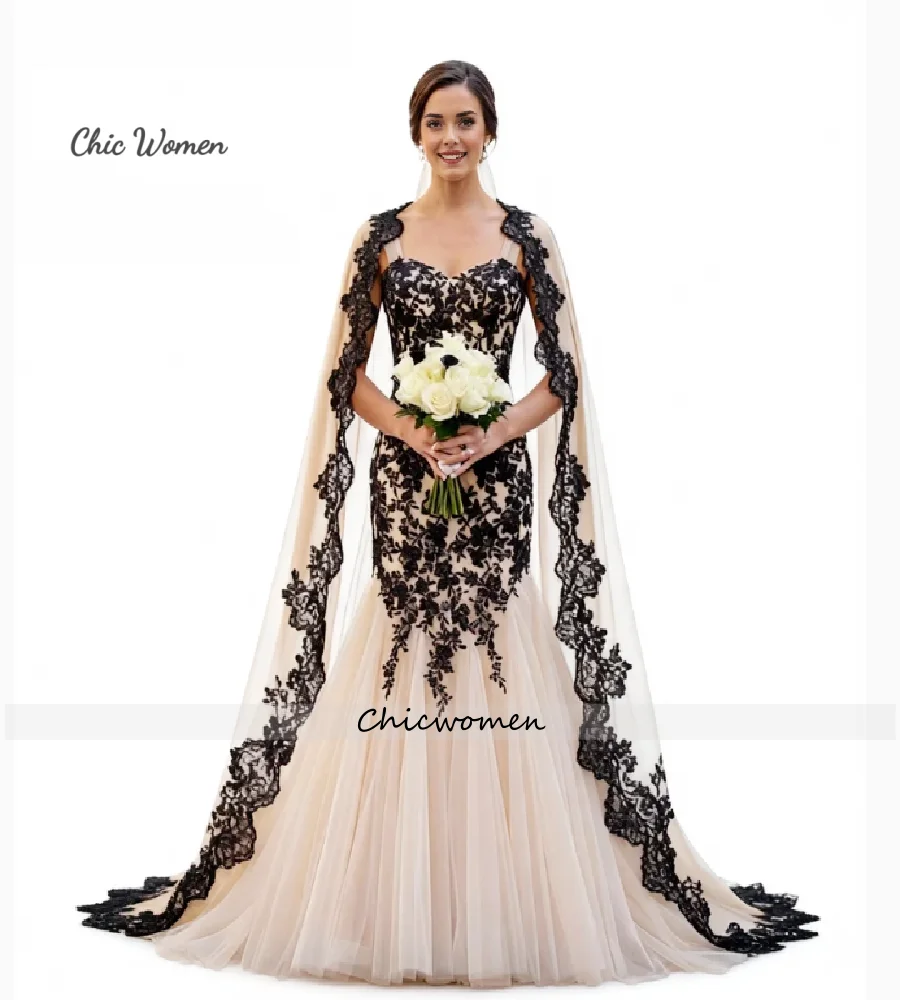 Elegant Champagne And Black Gothic Wedding Dress 2026 Vintage Mermaid Plus Size Bohemian Bride Dress With Cape Gypsy Bridal Gown