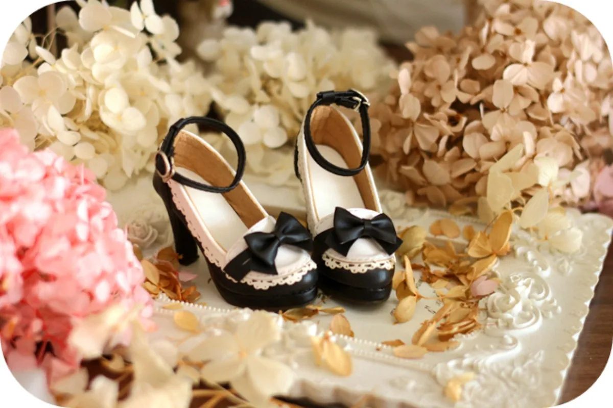 BJD doll shoes suitable for 1/3 A3 DZ SD16 woman size  vintage bow maid heels in 3 colors into doll accessories