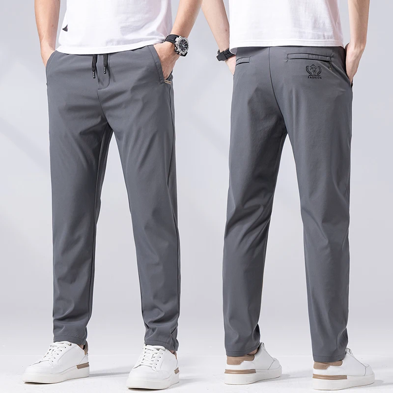 2023 Summer Casual Pants Men Straight Slim Fit Business Trousers Fashion Thin Elasticity Social Streetwear Pant Black Grey Green