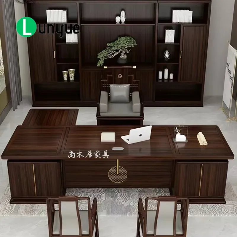 New Chinese Style Ebony Boss Desk Large Executive Office Table and Chair Set Light Luxury High End Business Furniture for