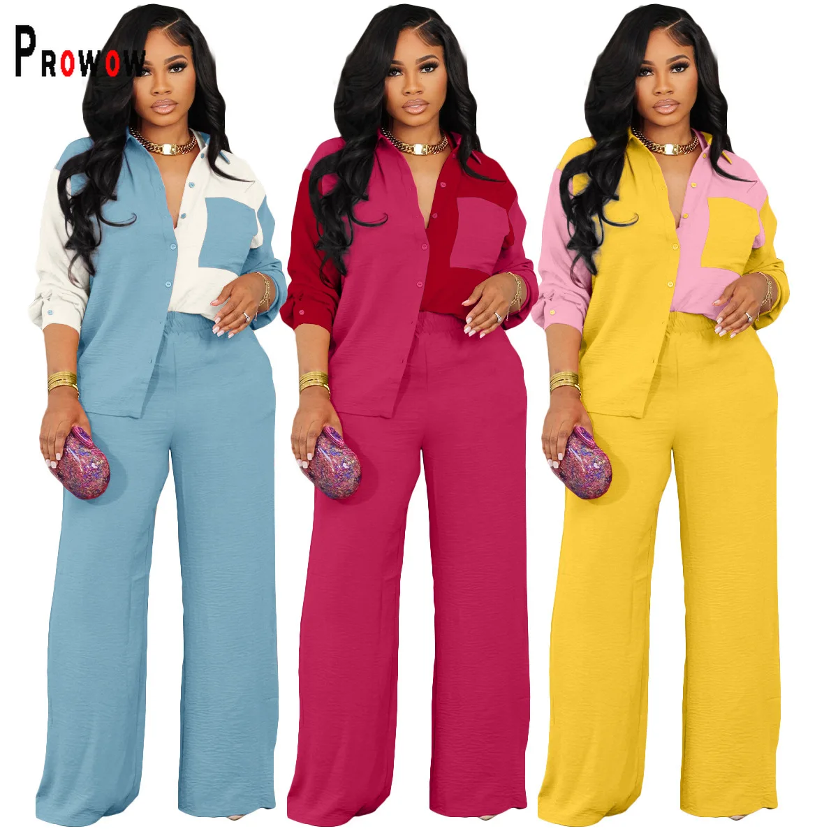 

Prowow Fashion Two Piece Women Clothing Set Long Sleeve Blouses High Waist Wide Leg Pant Patchwork Color Female Suits