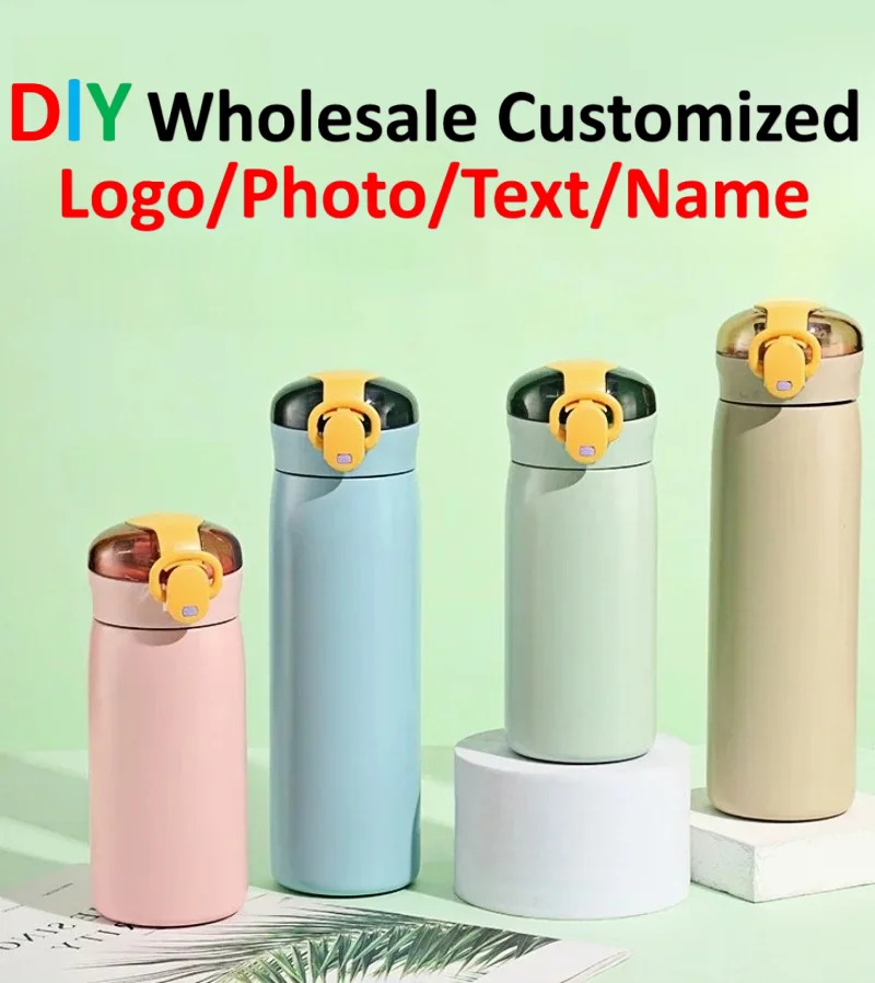 DIY 460ml Portable Kids Thermos Mug With Straw Stainless Steels Cartoon Vacuum Flasks Cute Thermal Water Bottle Customize logo
