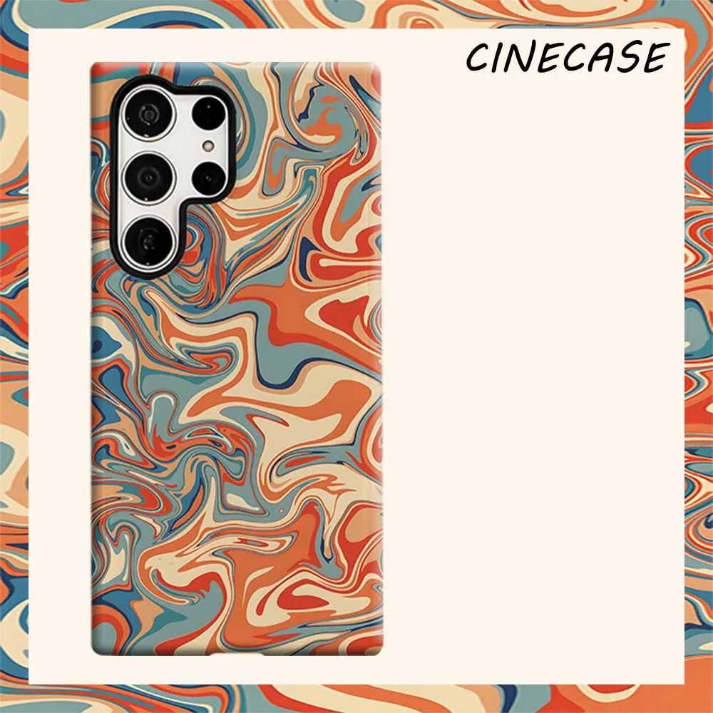 retro orange blue marble swirl For Samsung Galaxy S26 S25 S24 A56 A36 Dual Layer Luxury Fashion Full Lens Protective Case