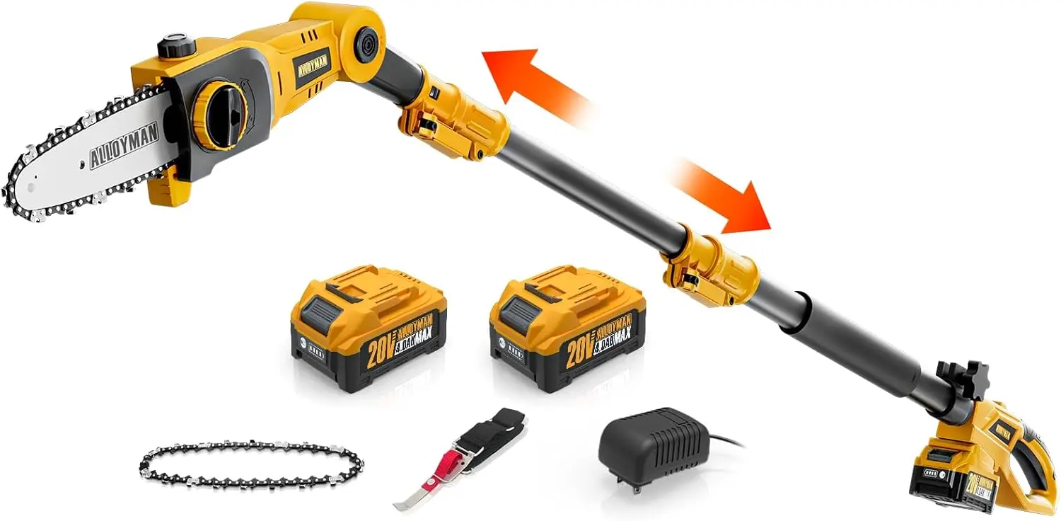 

20V Cordless Pole Saw，8-inch Electric Pole Saw for Tree Trimming, 14 Ft MAX Reach Pole Chainsaw for Branch Cutting, with 2 Packs