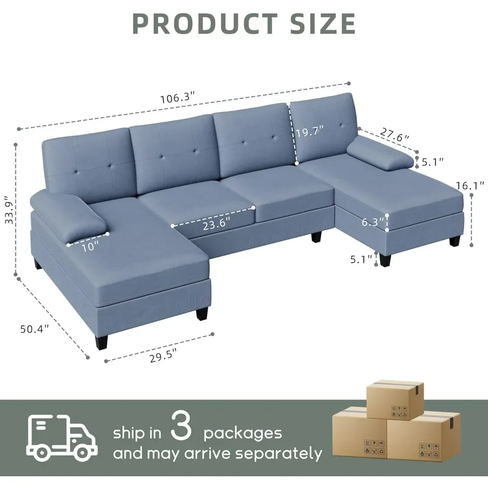 Sectional Couches for Living Room, U Shaped Sofa Couch with Double Chaise, 4-Seat Living Room Furniture Sets with Soft, Blue