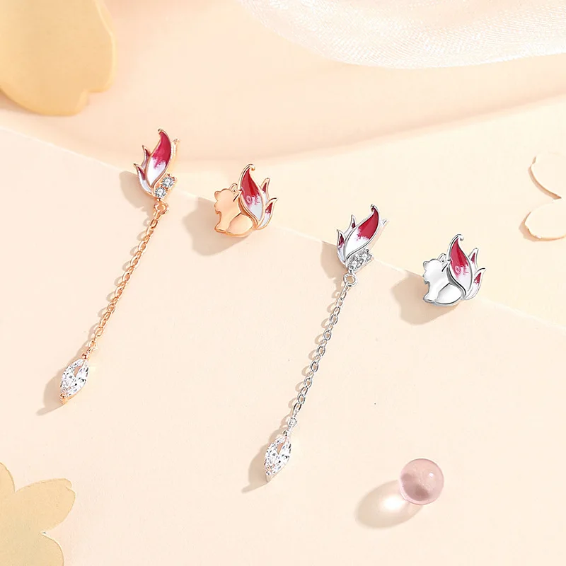 Little Fox Earrings Sweet Unique Female Silver 925 Jewelry Asymmetric Personality Tassel Earrings Forest style Earrings KOFSAC