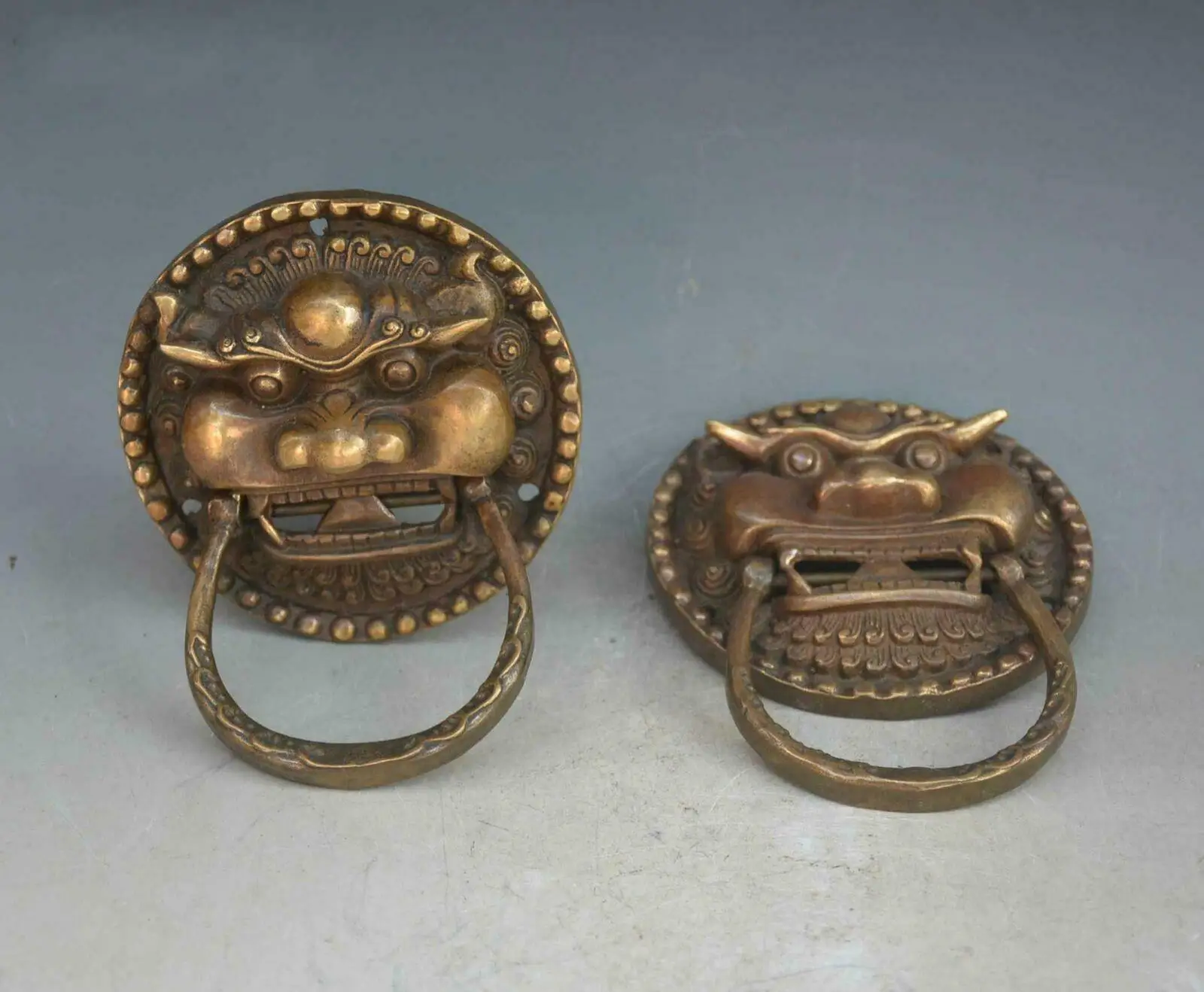 النحاس الصيني فنغ شوي فو فو الكلب الحرس الأسد رئيس مطرقة الباب الدائري زوج خمر ديكور المنزل #2