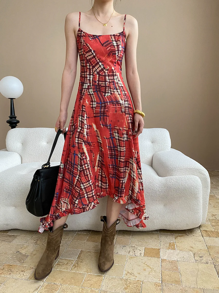 

Spring and summer women's casual plaid slim fit irregular suspender dress