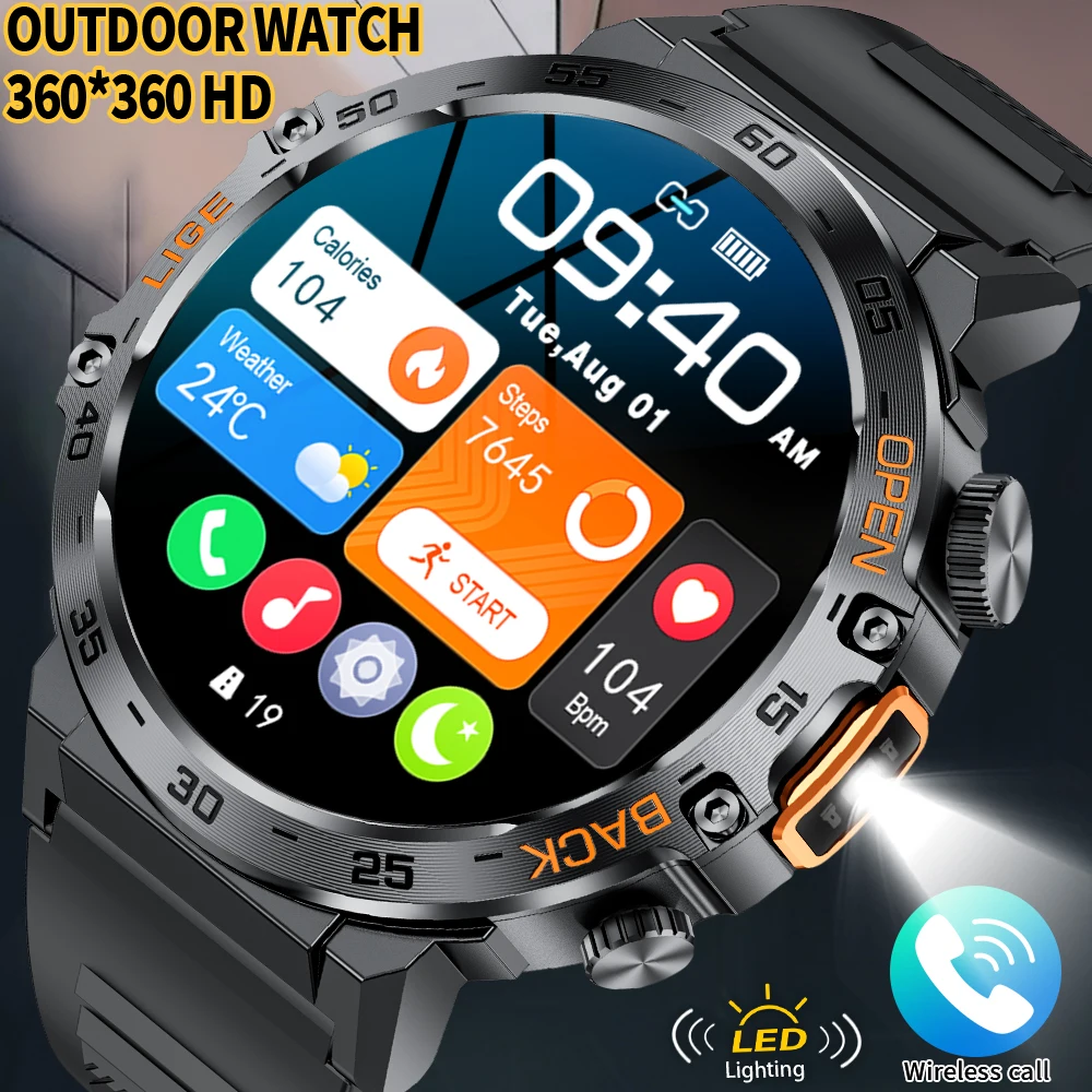 

LIGE Men Smart Watch LED Flashlight Military Watches Bluetooth Call Waterproof Health Monitor Voice Assistant Sports Smartwatch