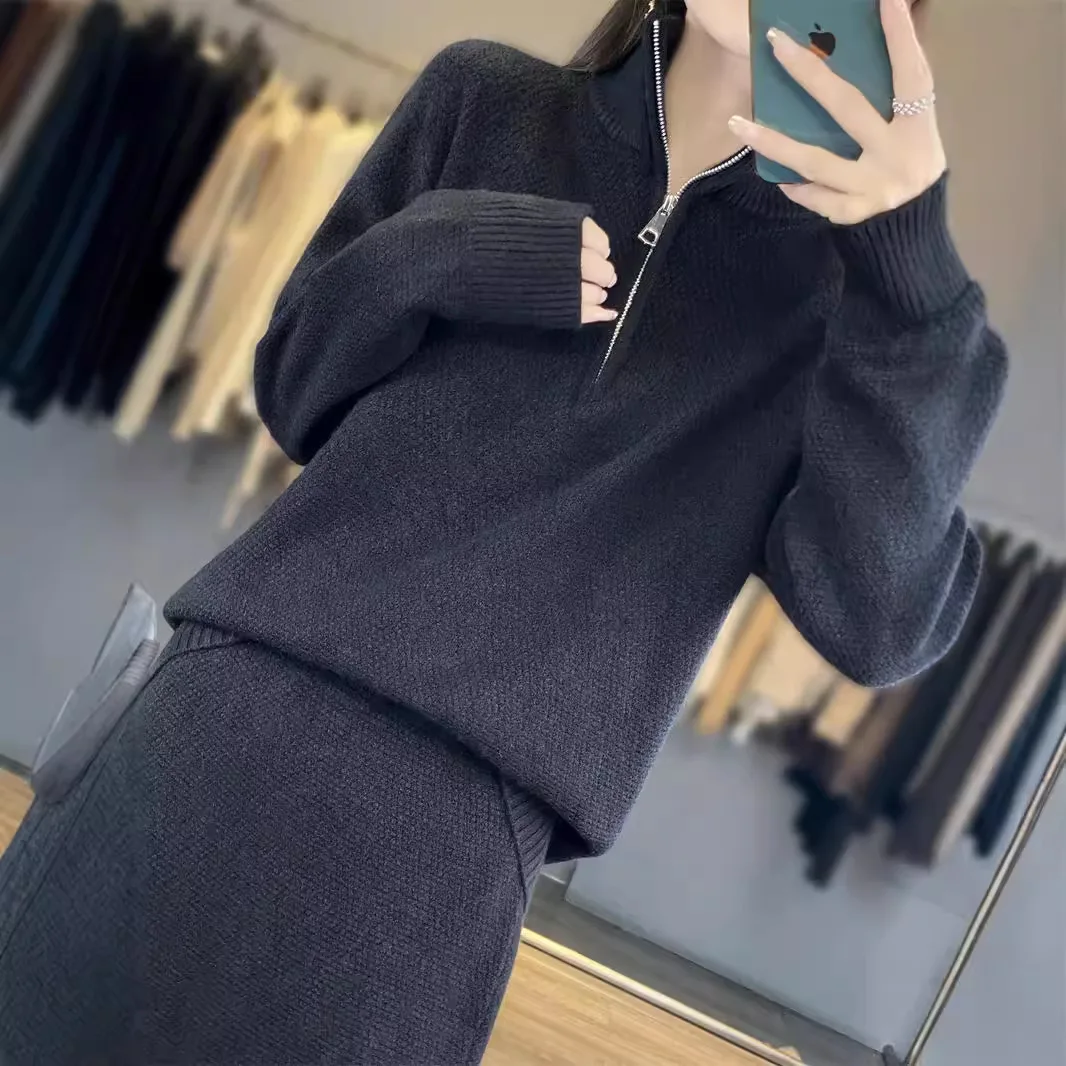 Knitted Suit Women Casual Lazy Style Fashion Versatile Sweater Half Skirt Two-piece Set Autumn Winter Simple Commuting Clothing